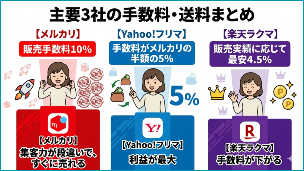主要3社の手数料・送料まとめ