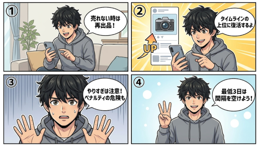 メルカリで売れないときの「再出品」を解説する4コマ漫画。売れない時は再出品→タイムライン上位に復活→やりすぎ注意→目安は3日以上の間隔という内容