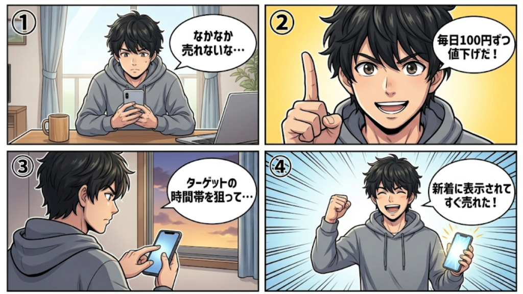 メルカリで100円ずつ値下げして新着扱いにする方法を解説する4コマ漫画。100円値下げで新着扱い→検索上位表示→毎日1回値下げして様子見→ターゲット層の利用時間に合わせて値下げするという内容