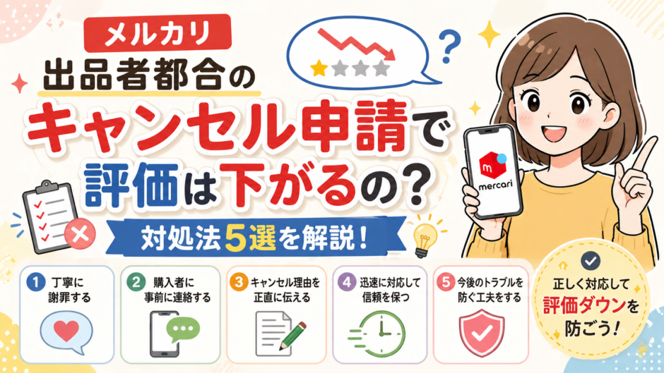 メルカリ出品者都合のキャンセル申請で評価は下がるの？対処法5選を解説！評価が下がるイメージと、対処法5つを示したアイキャッチ画像