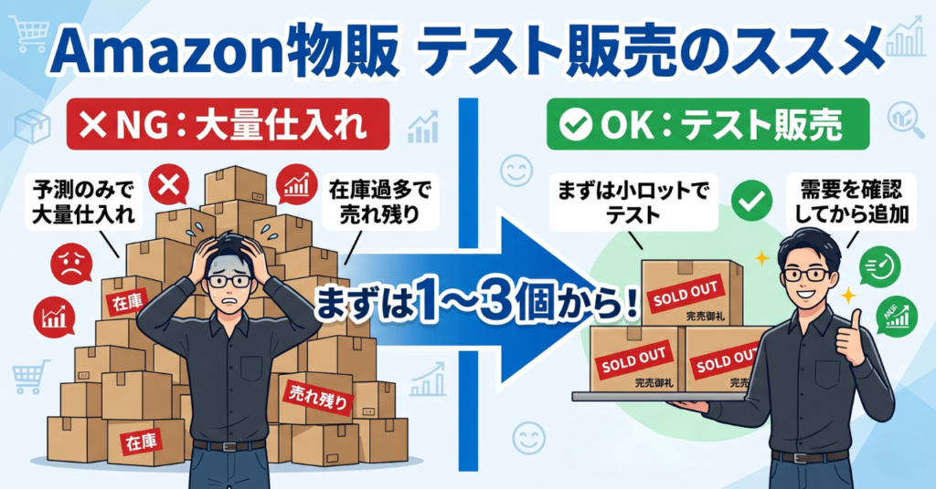 Amazon物販で大量仕入れを避け1〜3個のテスト販売から始めることを解説した図。過剰在庫リスクを防ぐ仕入れ戦略の説明画像
