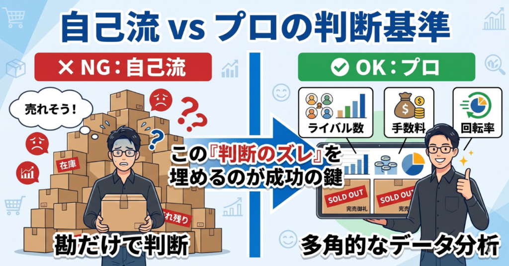 Amazon物販で結果を出しているプロの判断基準(参入判断・利益計算・回転率・リスク管理)を示した解説図。再現性ある物販スキル習得のポイント