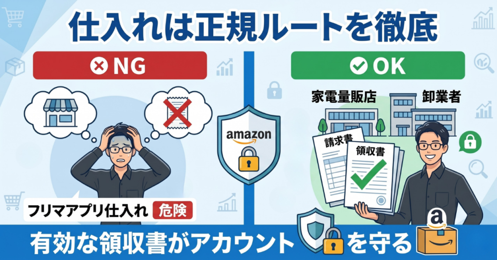 Amazon物販で正規ルートの領収書・請求書が取得できる仕入れ先のみを使うことを解説した図。真贋調査対策と安全な仕入れ先の選び方