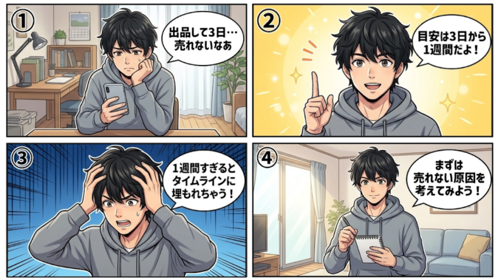 メルカリで出品してから売れるまでの平均日数（3日〜1週間）を解説する4コマ漫画。3日経っても売れない→目安は3日〜1週間→1週間超えるとタイムラインに埋もれる→売れない原因を考えるという流れ