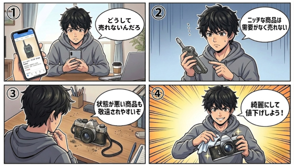 メルカリで売れるまでの日数が長引きやすい商品の特徴を解説する4コマ漫画。どうして売れない→ニッチな商品は需要がない→状態が悪い商品も敬遠される→綺麗にして値下げしようという流れ