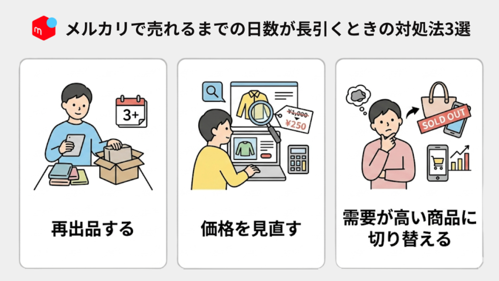 メルカリで商品が売れるまでの日数が長引くときの対処法3選を示した見出し画像。「再出品する」「価格を見直す」「需要が高い商品に切り替える」の3つが記載されている