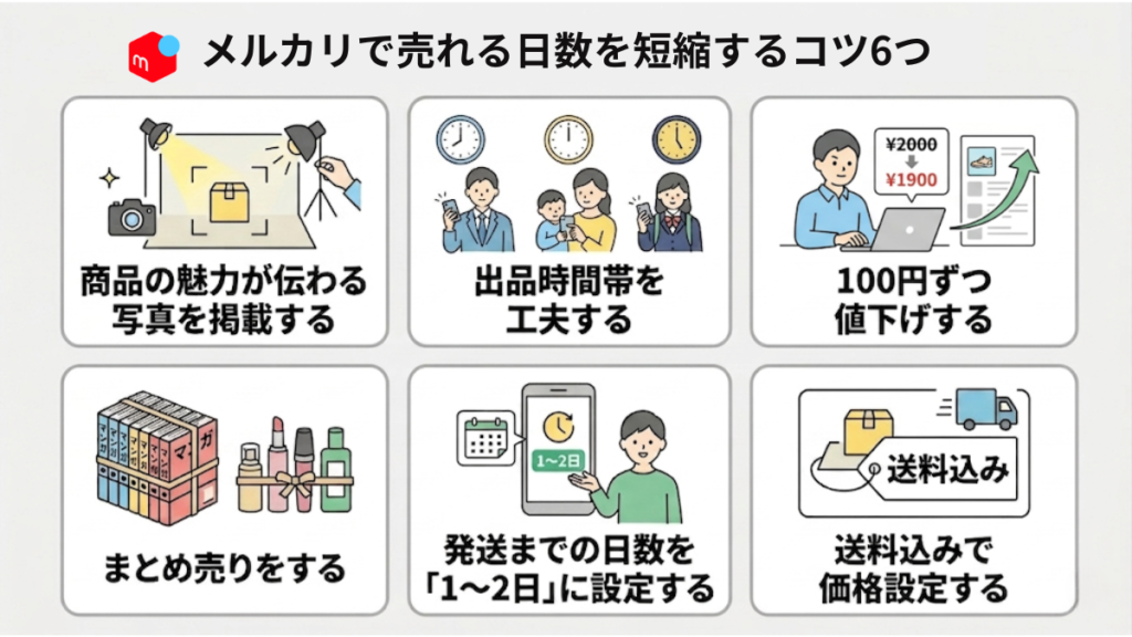 メルカリで売れる日数を短縮するコツ6つを示した見出し画像。「魅力的な写真・出品時間帯・100円値下げ・まとめ売り・発送日数・送料込み設定」が列挙されている
