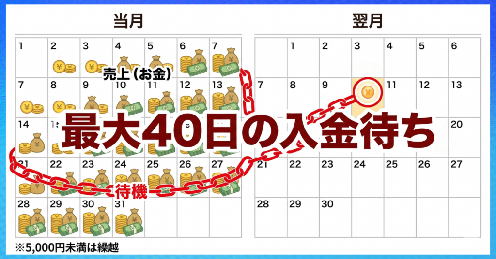 ①：売上金の入金が遅い（翌月10日）
