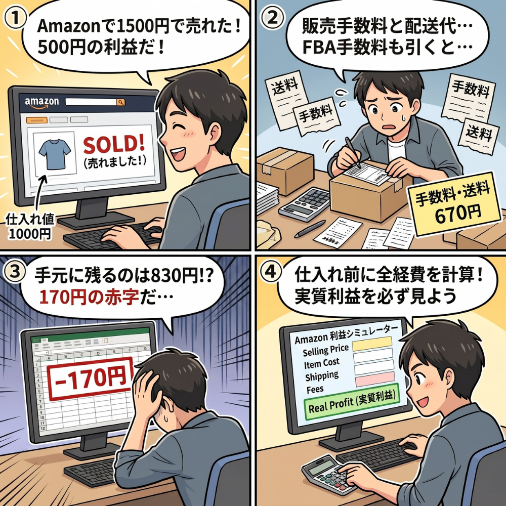 Amazon物販の失敗原因①「利益計算が甘く赤字になる」を解説した4コマ漫画。送料・手数料を見落とした仕入れの失敗例
