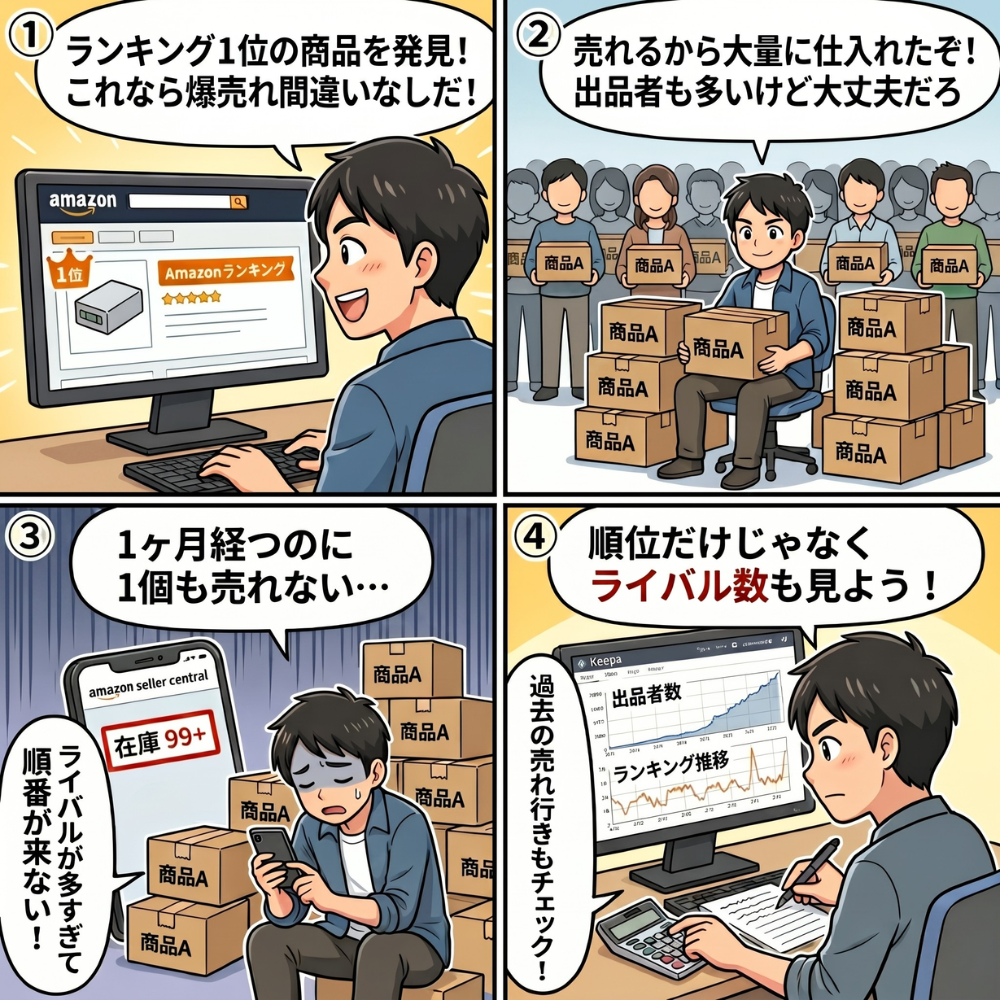 Amazon物販の失敗原因②「ランキングを過信して在庫を抱える」を解説した4コマ漫画。ライバル多数で売れない失敗パターン