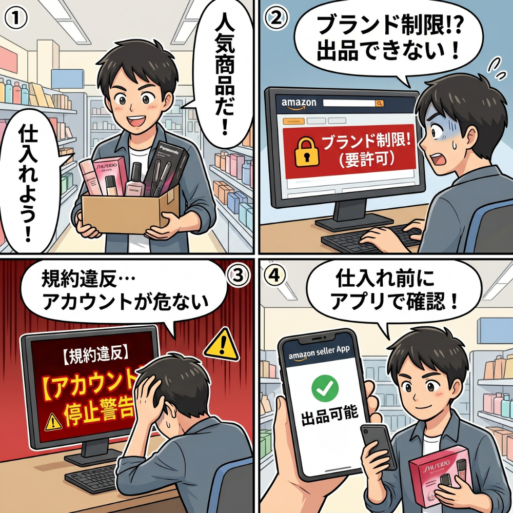 Amazon物販の失敗原因③「出品禁止商品を仕入れてしまう」を解説した4コマ漫画。薬機法違反や技適マーク未取得商品の仕入れ失敗例