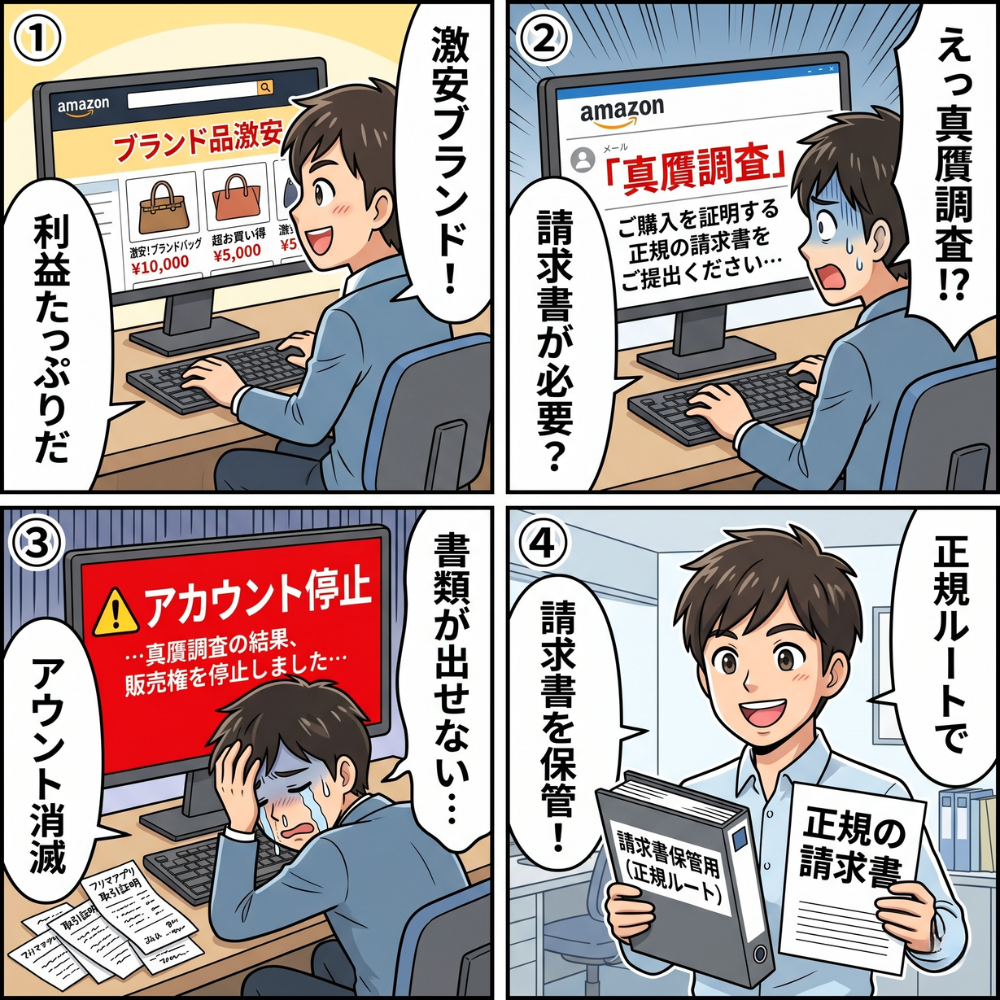 Amazon物販の失敗原因④「真贋調査・規約違反でアカウント停止」を解説した4コマ漫画。正規ルート以外の仕入れによるリスク