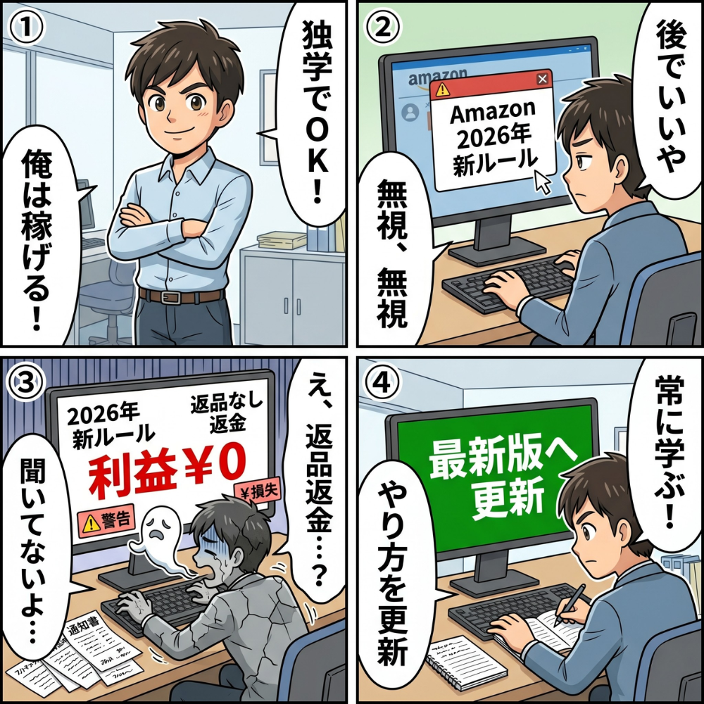 Amazon物販の失敗原因⑤「自己流に固執して軌道修正ができない」を解説した4コマ漫画。独学による情報遅延と赤字拡大の失敗パターン