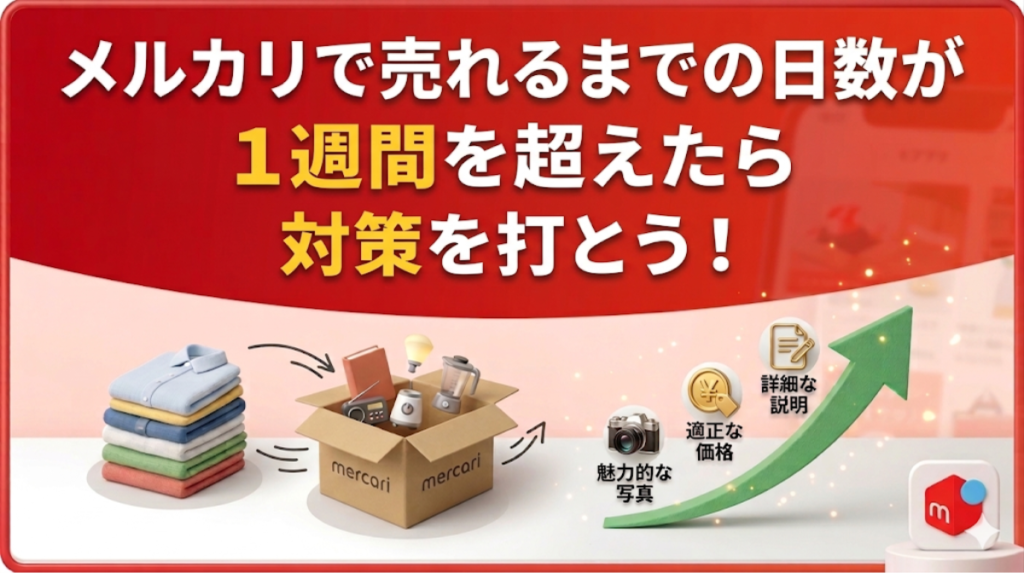 まとめセクションの見出し画像。「メルカリで売れるまでの日数が1週間を超えたら対策を打とう!」というメッセージと5つのポイント(平均日数・再出品・魅力的な写真・閲覧数いいね確認・ニッチ商品の見直し)が記載されている