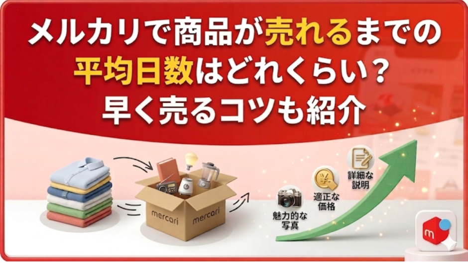 メルカリで売れるまでの平均日数と早く売るコツを解説するアイキャッチ画像。洋服・カメラなどの出品商品とダンボール箱、上昇グラフのイラスト入り。