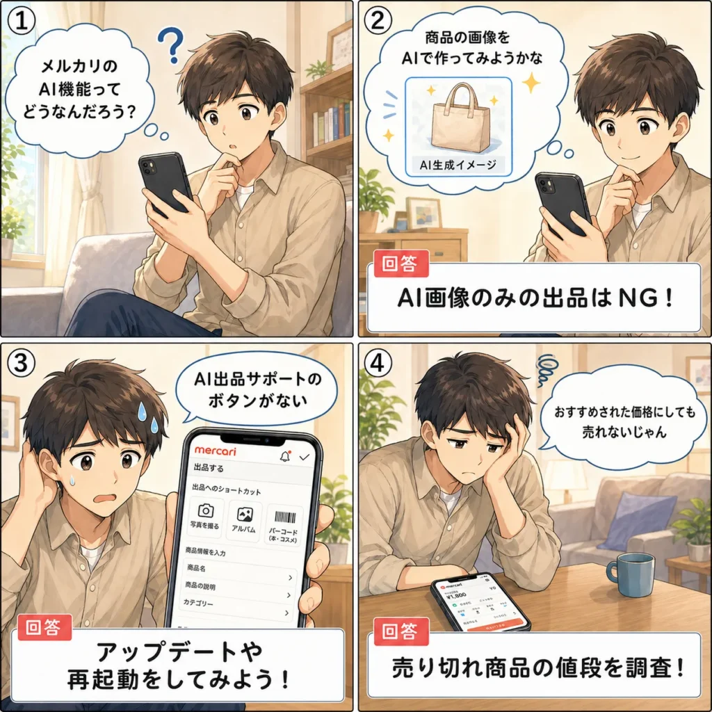 【4コマ漫画】メルカリのAI活用に関するよくある3つの質問