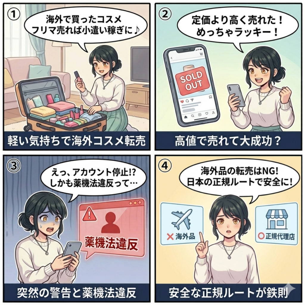 海外コスメを軽い気持ちで転売した女性が、高値で売れて喜んだ後にアカウント停止と薬機法違反の警告を受け、海外品の転売はNGで正規ルートが安全だと学ぶ4コマ漫画