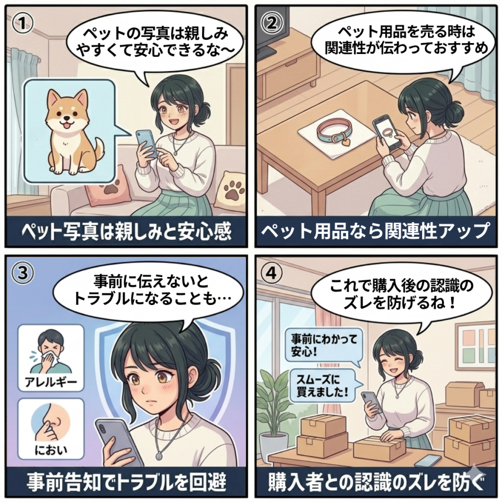 メルカリのプロフィール画像にペットや動物の写真を使うメリットを解説する4コマ漫画