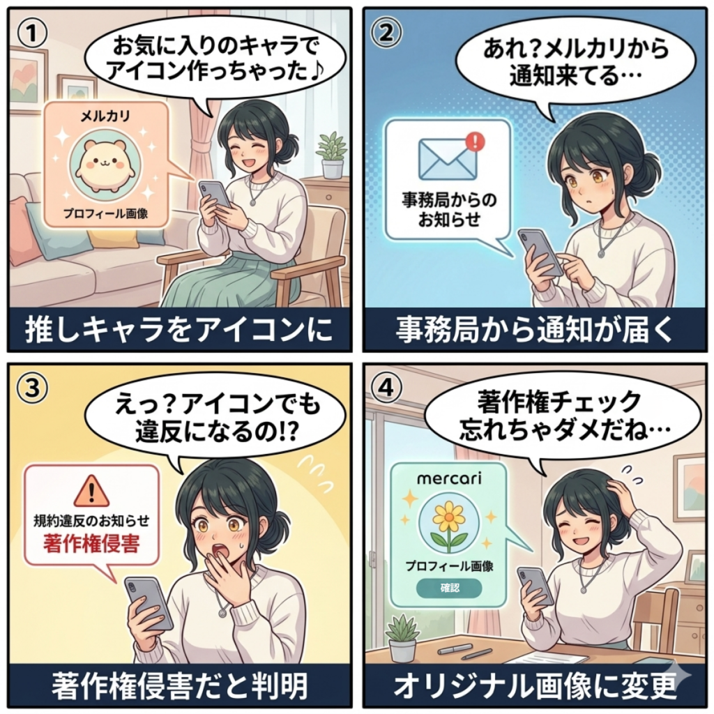 メルカリのプロフィール画像で著作権・肖像権の侵害にあたるNG例（アニメキャラ・芸能人・ブランドロゴなど）を解説する4コマ漫画