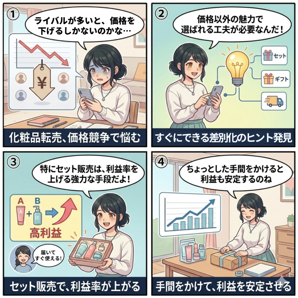 化粧品転売の価格競争に悩む女性が、価格以外の魅力で選ばれる工夫の必要性に気づき、セット販売で利益率を上げる差別化手法を実践して利益を安定させるまでを学ぶ4コマ漫画
