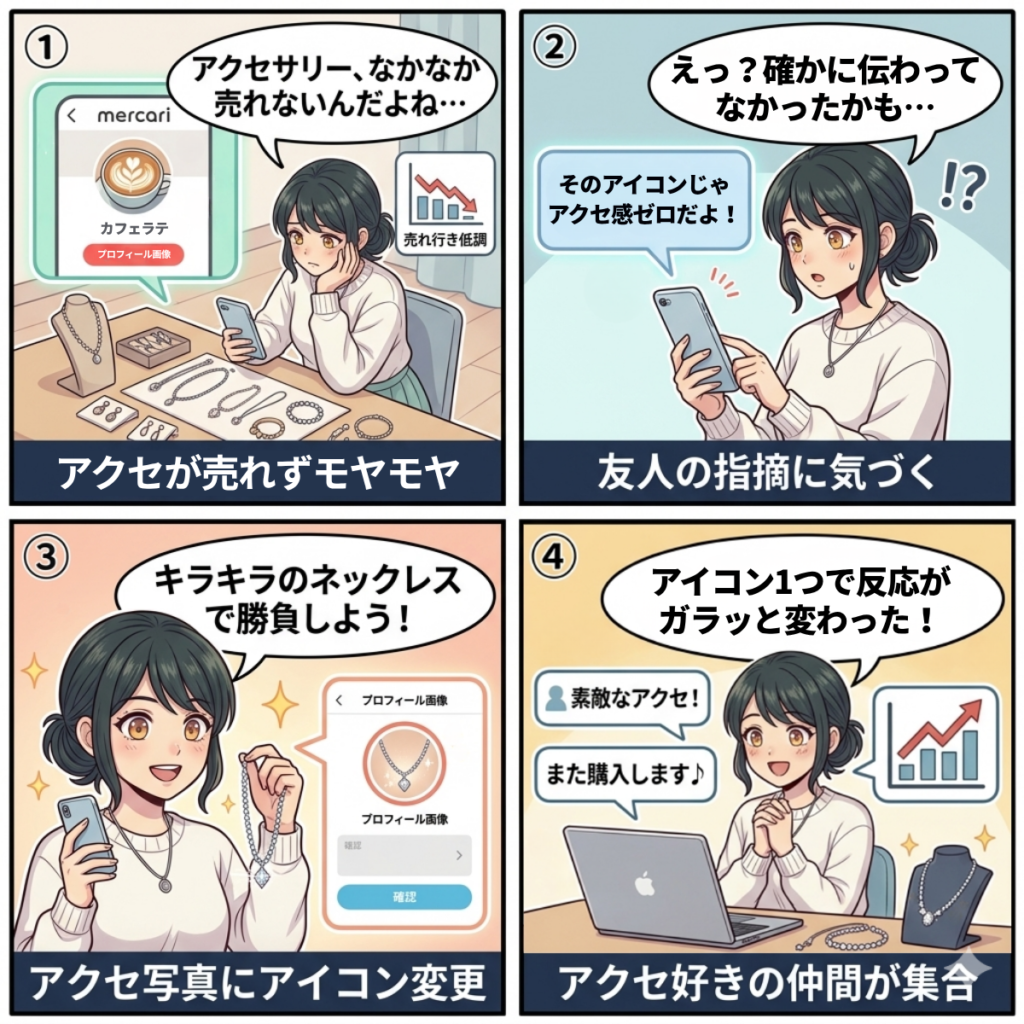 メルカリのプロフィール画像に出品ジャンルと関連する画像を設定する具体例を紹介する4コマ漫画