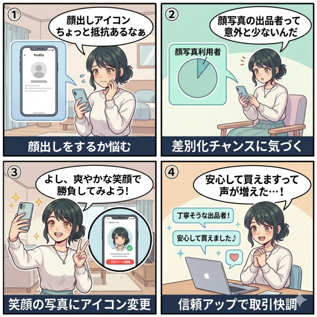 メルカリのプロフィール画像に顔写真を使うメリットと注意点を解説する4コマ漫画