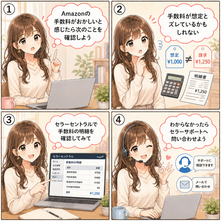 Amazonの手数料が想定と違うと感じたときに、明細の確認やセラーサポートへの問い合わせを促す4コマ解説画像