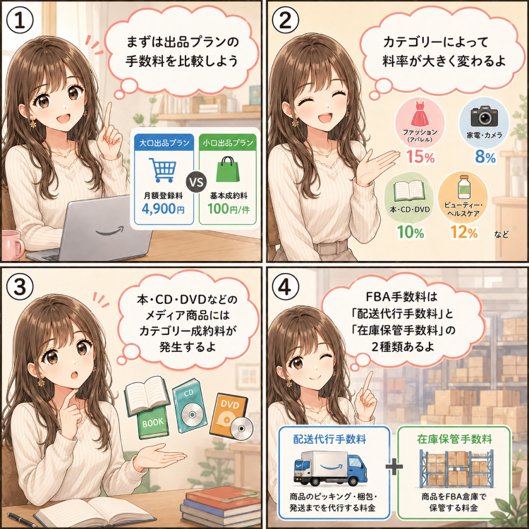 Amazonの販売手数料について、出品プラン手数料・カテゴリー別の料率・カテゴリー成約料・FBA手数料の違いを4コマで解説した画像