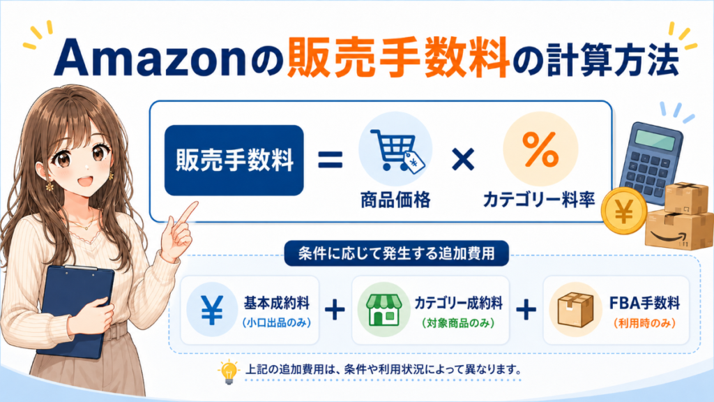 Amazonの販売手数料が商品価格とカテゴリー料率をもとに計算され、条件に応じて基本成約料やFBA手数料が加わることを解説した画像