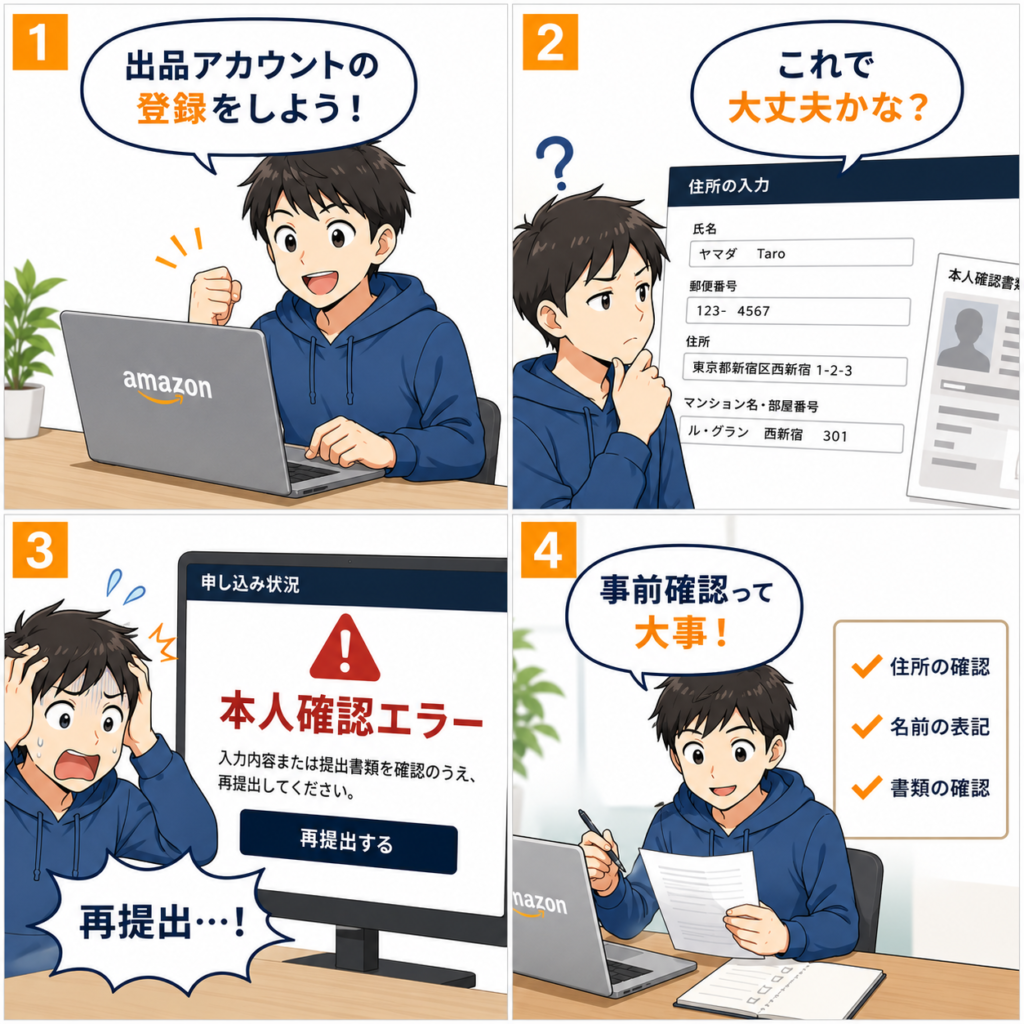 Amazon出品用アカウント登録時のポイントを解説した4コマ