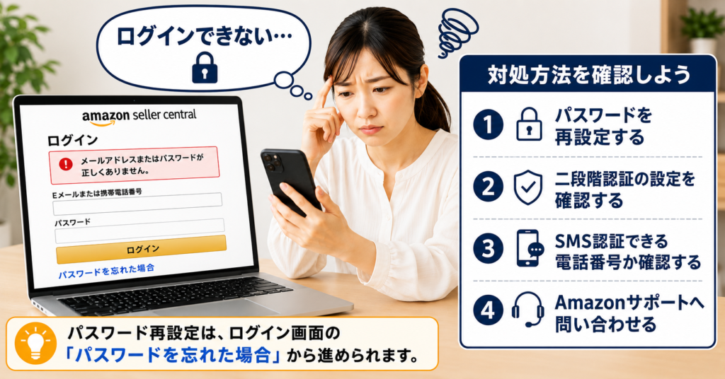 Amazon出品用アカウントにログインできないときの対処方法