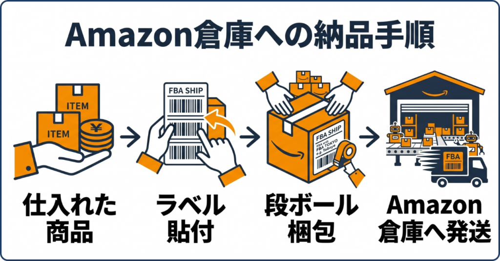 Amazon FBAで商品をAmazon倉庫へ納品するまでのラベル貼付・梱包・発送手順を解説した図解