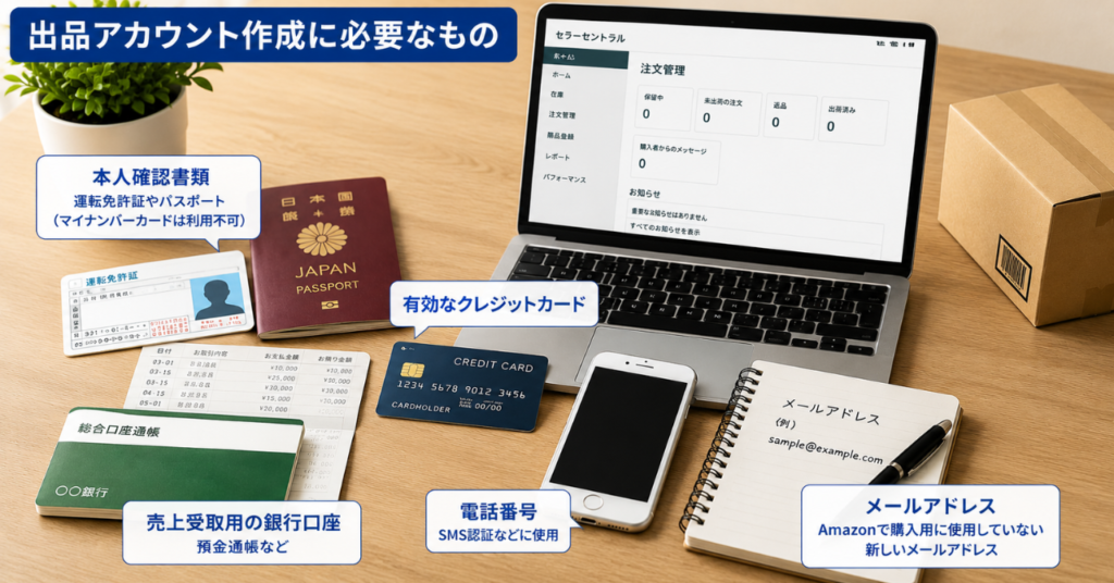 Amazon出品アカウント作成時に必要な本人確認書類、銀行口座、クレジットカード、メールアドレスを解説した画像