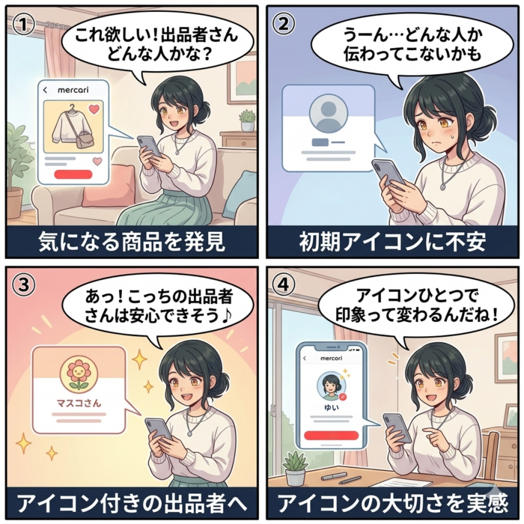 メルカリで初期アイコンのままだと購入者に不安や怖い印象を与えてしまう理由を解説する4コマ漫画