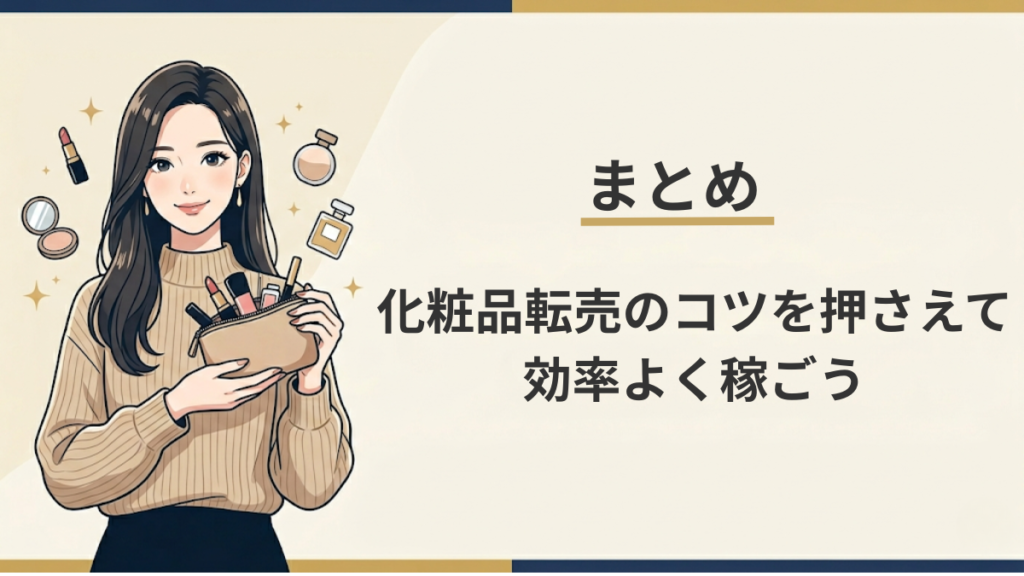 化粧品転売のコツを押さえて効率よく稼ごうという記事のまとめを示すアイキャッチ画像（化粧品ポーチを持つ女性のイラスト）