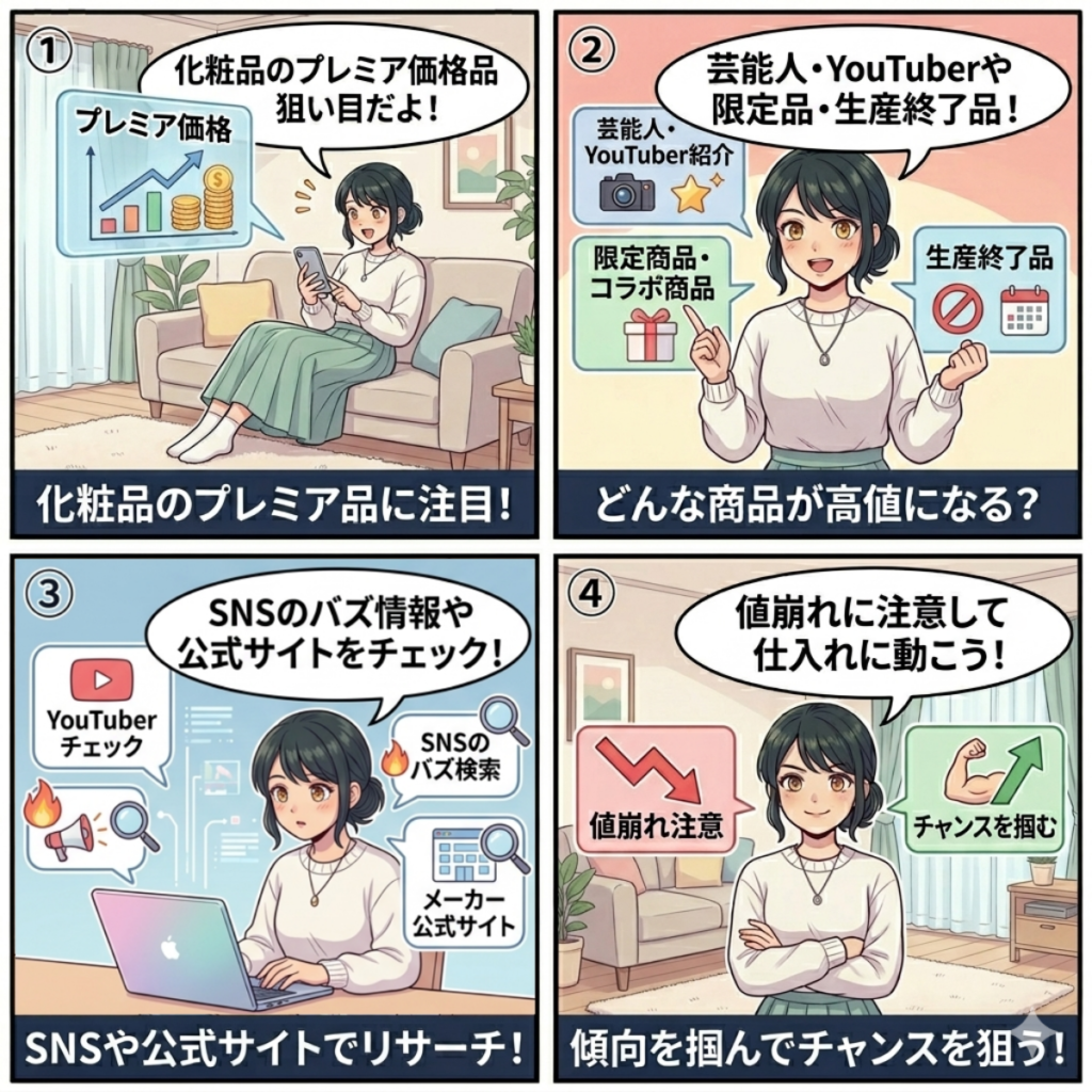 化粧品のプレミア品に注目した女性が、芸能人やYouTuber紹介品・限定品・生産終了品が高値になることを知り、SNSや公式サイトでリサーチして値崩れに注意しながらチャンスを掴む方法を学ぶ4コマ漫画