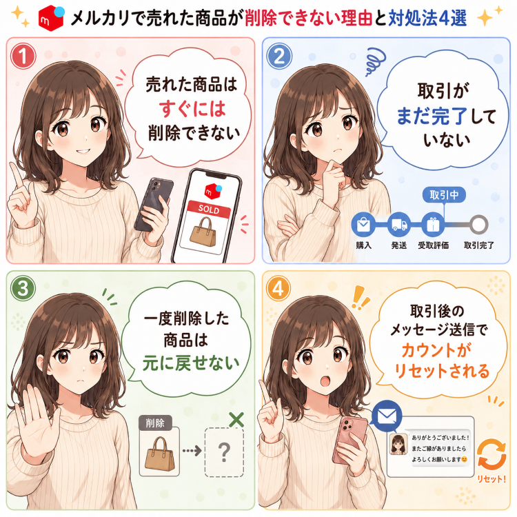 メルカリで売れた商品が削除できない4つの理由を解説した4コマイラスト図解