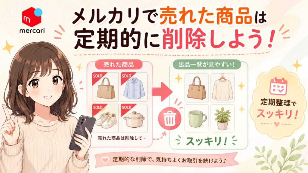 メルカリで売れた商品は定期的に削除しようと呼びかけるまとめ用イラスト
