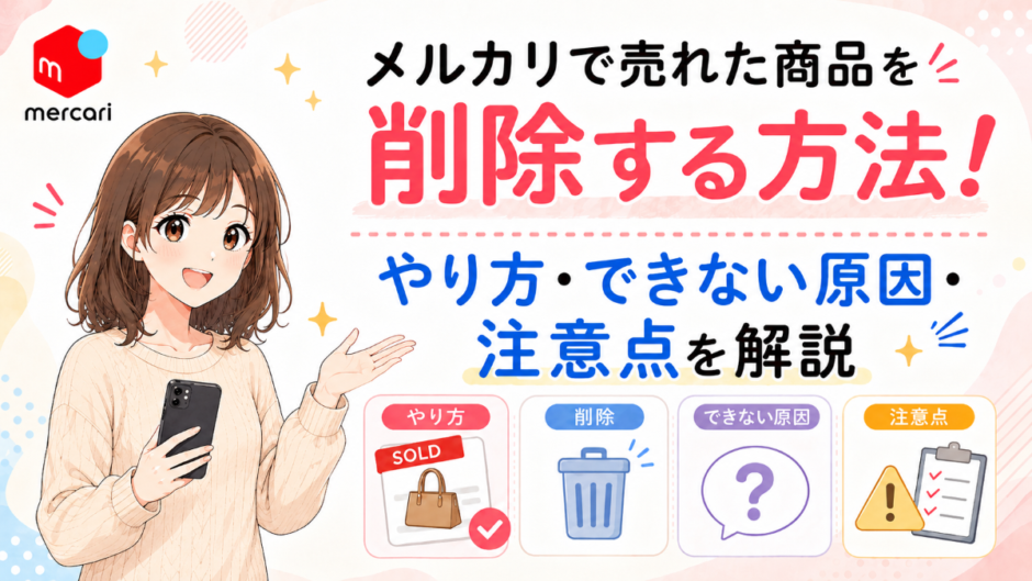 メルカリで売れた商品を削除する方法を解説するアイキャッチ画像。やり方・できない原因・注意点の3つのポイントをイラストで紹介。