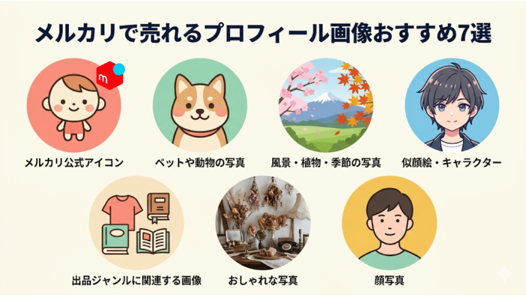 メルカリで売れるプロフィール画像おすすめ7選を一覧でまとめた図解（公式アイコン・ペット・風景・似顔絵・ジャンル関連・おしゃれ写真・顔写真）