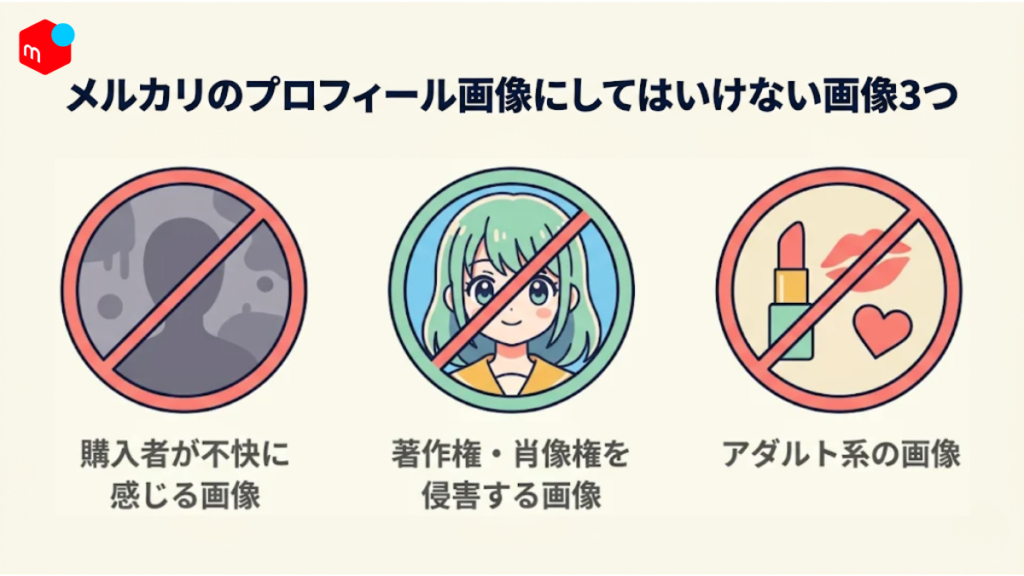 メルカリのプロフィール画像に設定してはいけないNG画像3種類（不快な画像・著作権/肖像権侵害・アダルト系）の一覧図