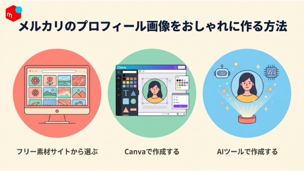 メルカリのプロフィール画像を無料でおしゃれに作る3つの方法（フリー素材サイト・Canva・AI画像生成ツール）の比較まとめ