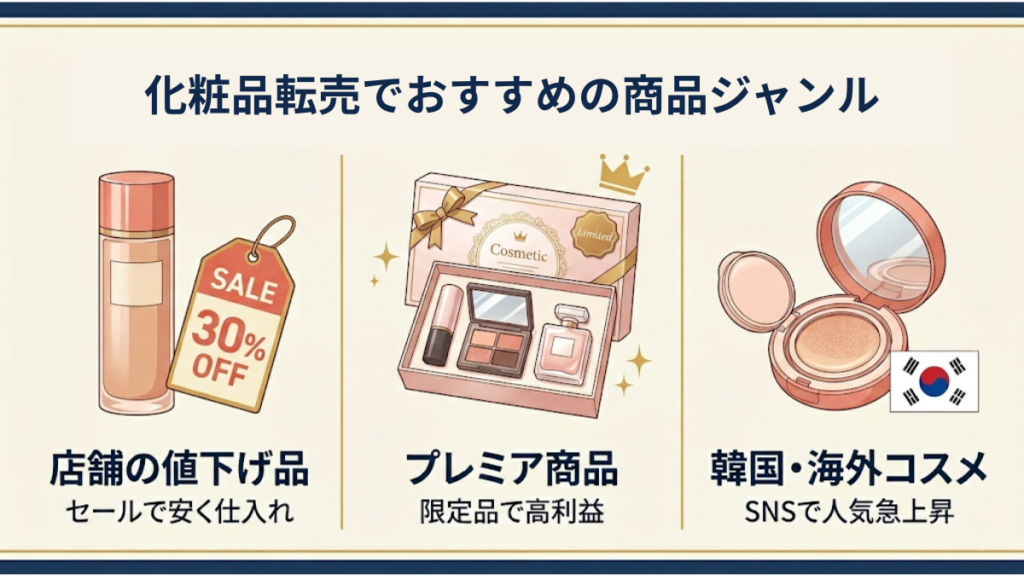 化粧品転売でおすすめの3つの商品ジャンル（セールで安く仕入れる店舗の値下げ品・限定品で高利益が狙えるプレミア商品・SNSで人気急上昇中の韓国や海外コスメ）を示したインフォグラフィック