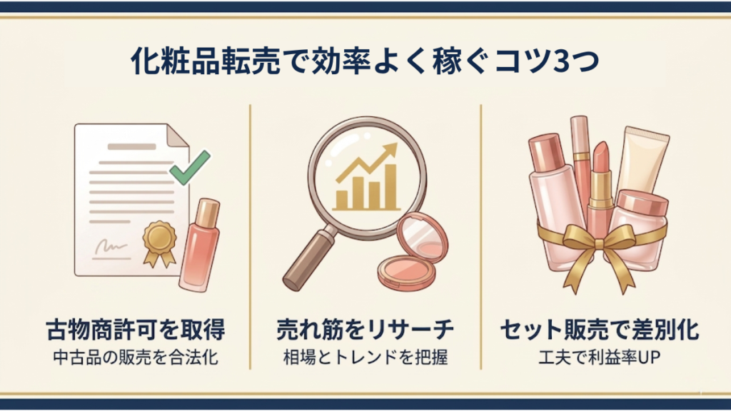 化粧品転売で効率よく稼ぐ3つのコツ（中古品の販売を合法化する古物商許可の取得・相場とトレンドを把握する売れ筋リサーチ・工夫で利益率UPを狙うセット販売での差別化）を示したインフォグラフィック