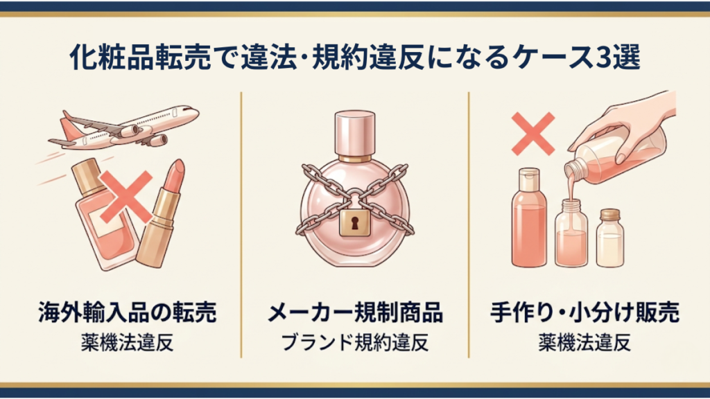化粧品転売で違法・規約違反になる3つのケース（海外輸入品の転売・メーカー規制商品・手作りや小分け販売）を示したインフォグラフィック