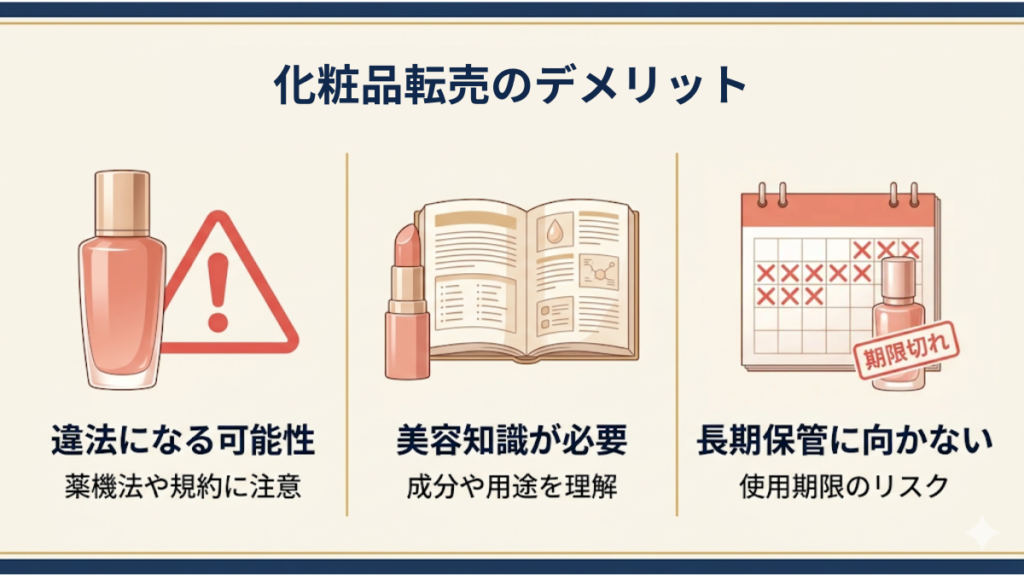 化粧品転売の3つのデメリット（薬機法や規約に注意すべき違法になる可能性・成分や用途を理解する美容知識が必要・使用期限のリスクで長期保管に向かない）を示したインフォグラフィック