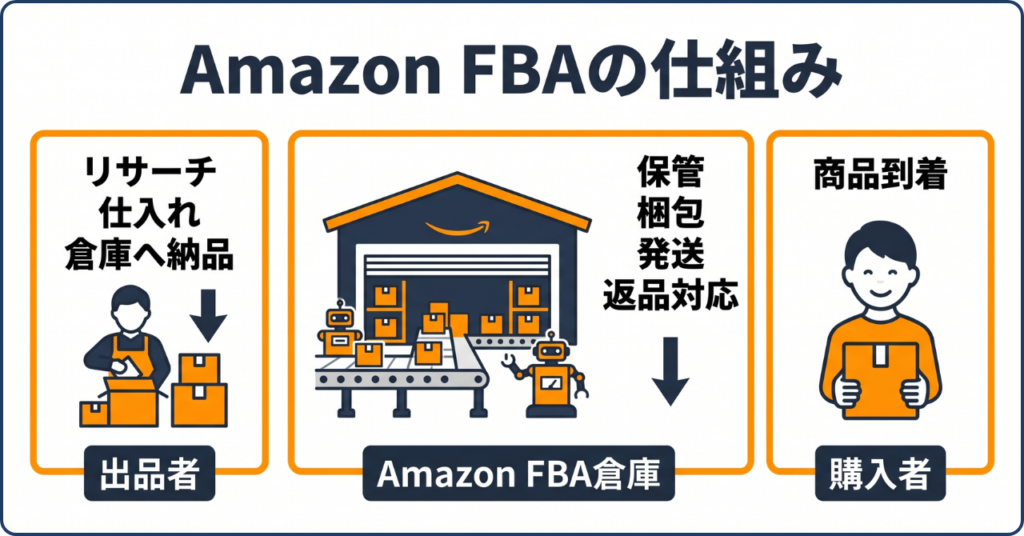 Amazon FBAで出品者が納品し、Amazon倉庫が保管・発送・返品対応を行う流れを説明した図解