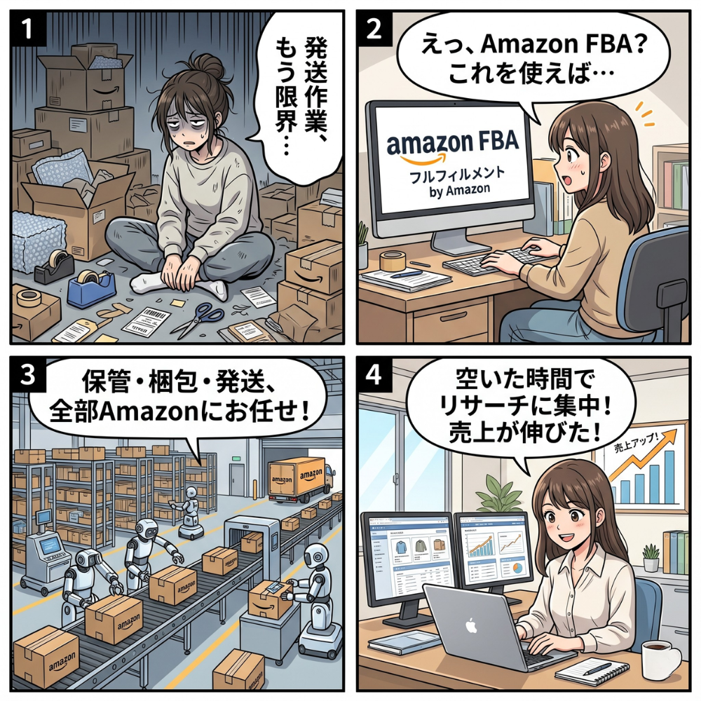 Amazon FBAを利用して発送作業を減らし、リサーチに集中できる流れを説明した4コマ漫画