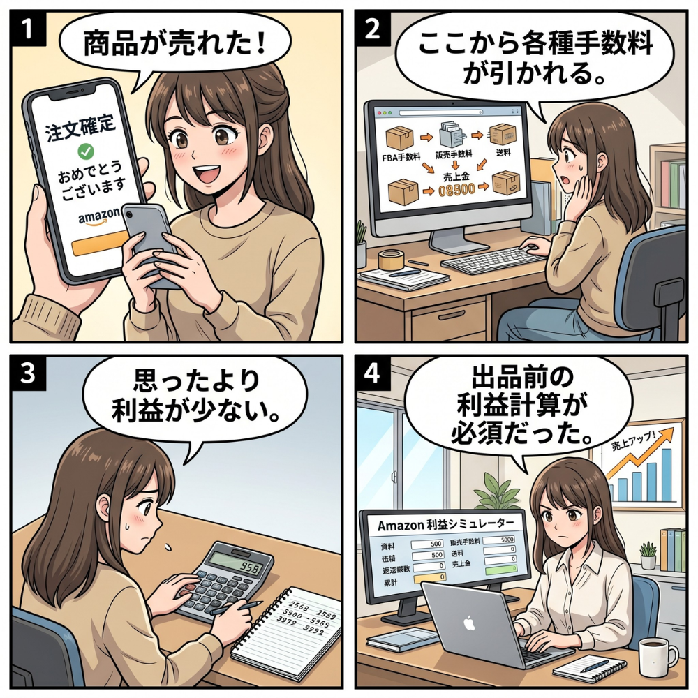 Amazon FBAの販売手数料や送料を考慮せず出品し、利益計算の重要性に気づく流れを描いた4コマ漫画