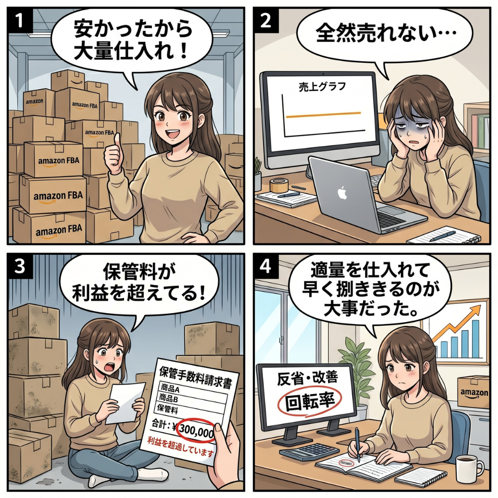 Amazon FBAで在庫を持ちすぎた結果、保管料が利益を超えてしまう流れを描いた4コマ漫画